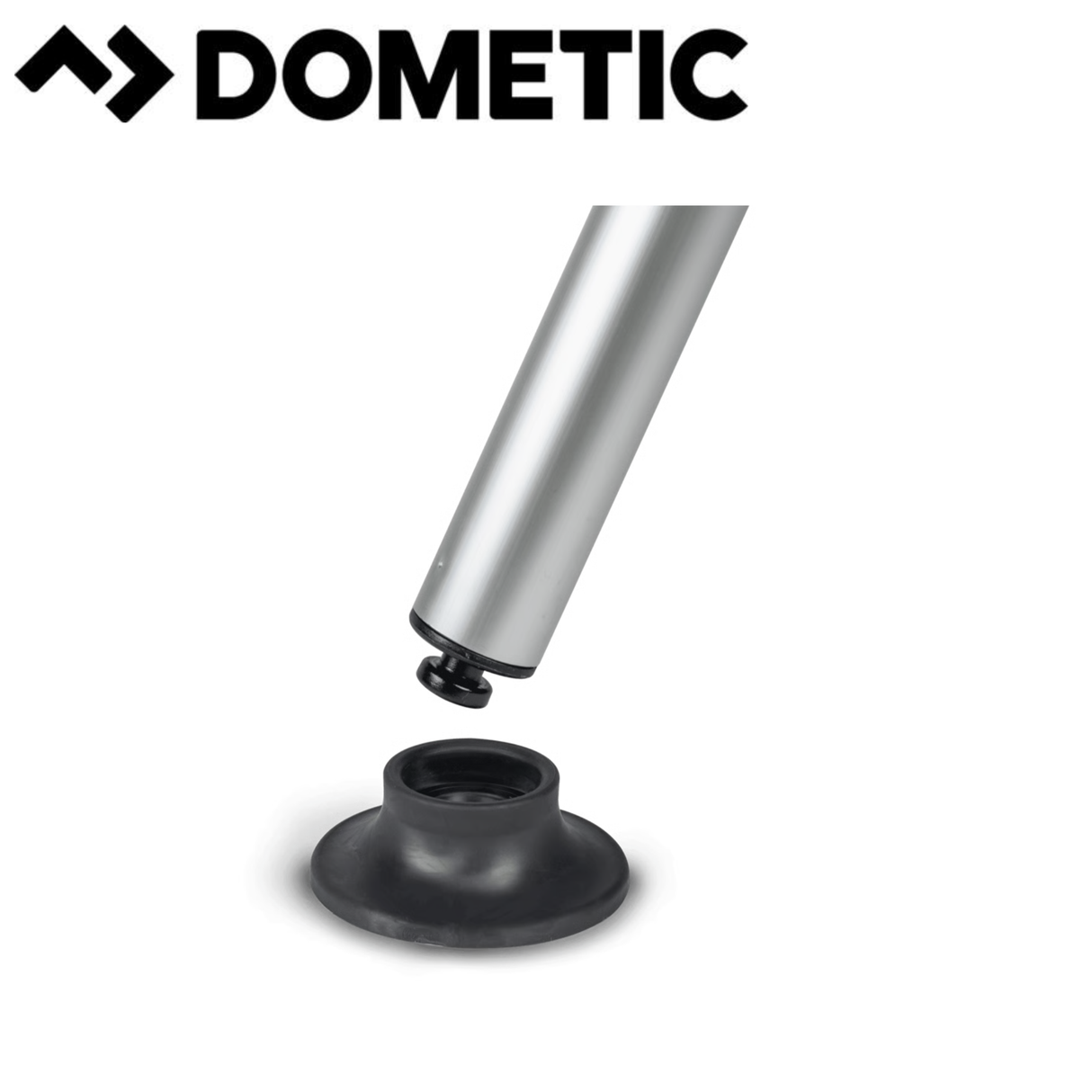 Dometic Veranda Storm Foot Plate for securing awnings, shown in black with textured surface and metal attachment points.