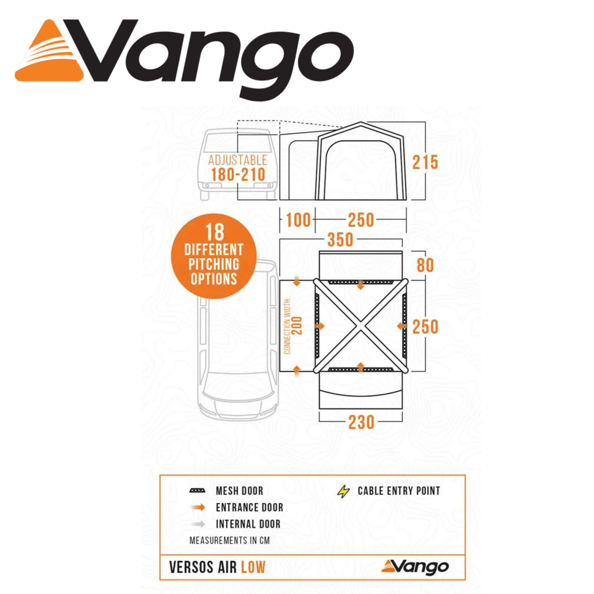 Vango Versos Air Low Driveaway Awning set up beside a campervan, showcasing its spacious design and airy features.