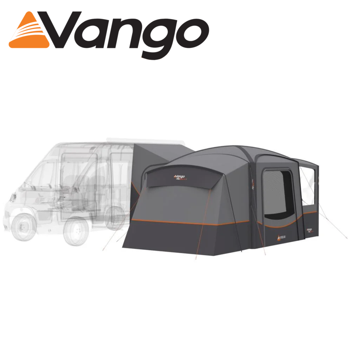 Vango Versos Air Mid Driveaway Awning set up beside a campervan, showcasing its spacious design and air inflation system.