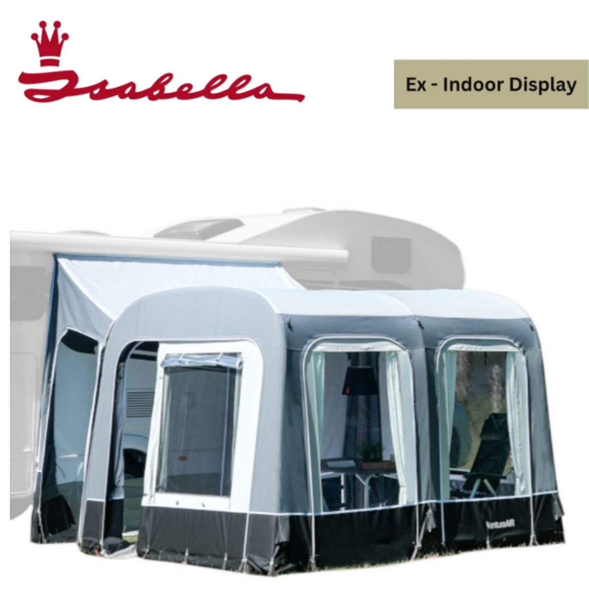 Isabella Ventura Air Vita motorhome awning with Vita Tunnel extension, small size 180-280cm, outdoor display image.
