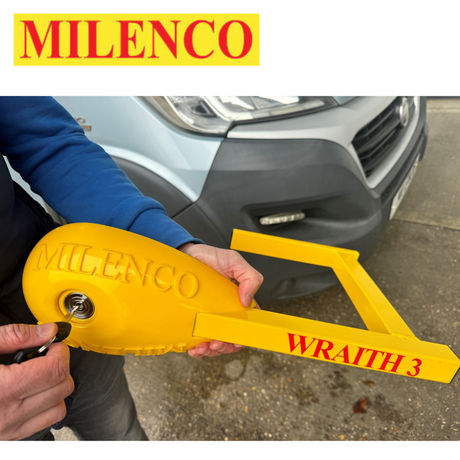 Milenco Wraith 3 motorhome wheel lock designed for Ford Transit (2020 onwards), showcasing secure locking mechanism.