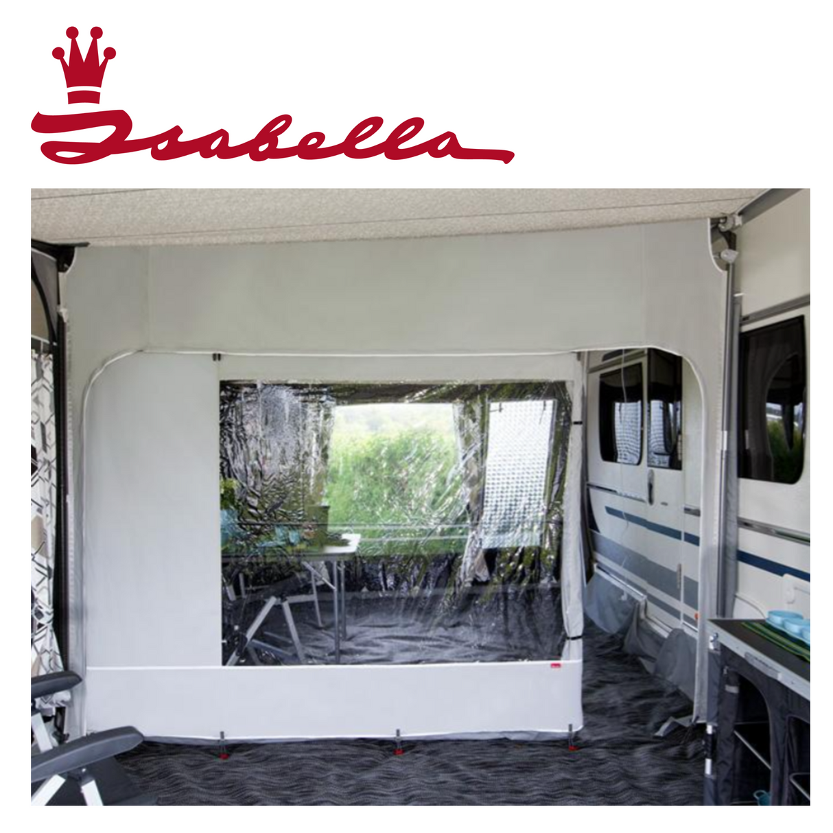 Isabella 2.5m awning partition wall with windows featuring a durable Zinox frame, showcasing its design and structure.