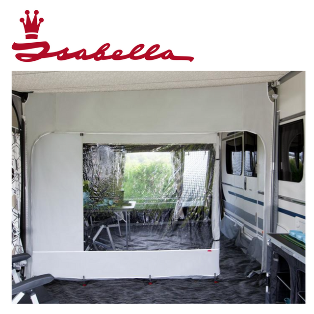 Isabella 2.5m awning partition wall with windows featuring a durable Zinox frame, showcasing its design and structure.