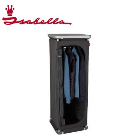 Isabella folding wardrobe with white panels and silver handles, featuring a compact design for versatile storage.