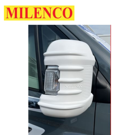 Milenco 2025 Ducato mirror protectors in white or black for long/short arm mirrors, showcasing durable design and fit.