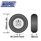 Maypole 260mm pneumatic rubber and steel wheel with tread and hub, suitable for industrial or agricultural equipment.