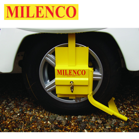 Milenco Original Wheelclamp in various sizes, securely holding a wheel with a bright yellow and red design.