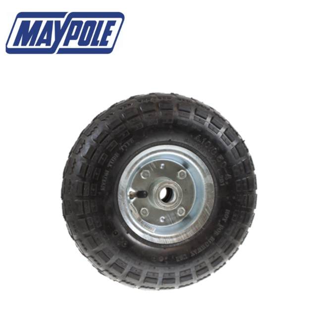 Maypole 260mm pneumatic rubber and steel wheel with tire tread and metal hub for industrial or agricultural equipment.