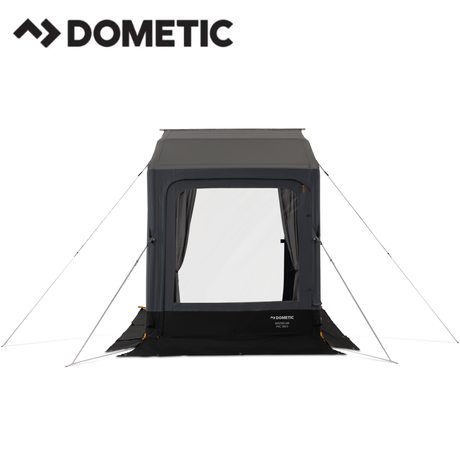 Dometic Winter Air PVC 180 winter air awning with reinforced PVC fabric, showing the awning installed on a vehicle in winter conditions.