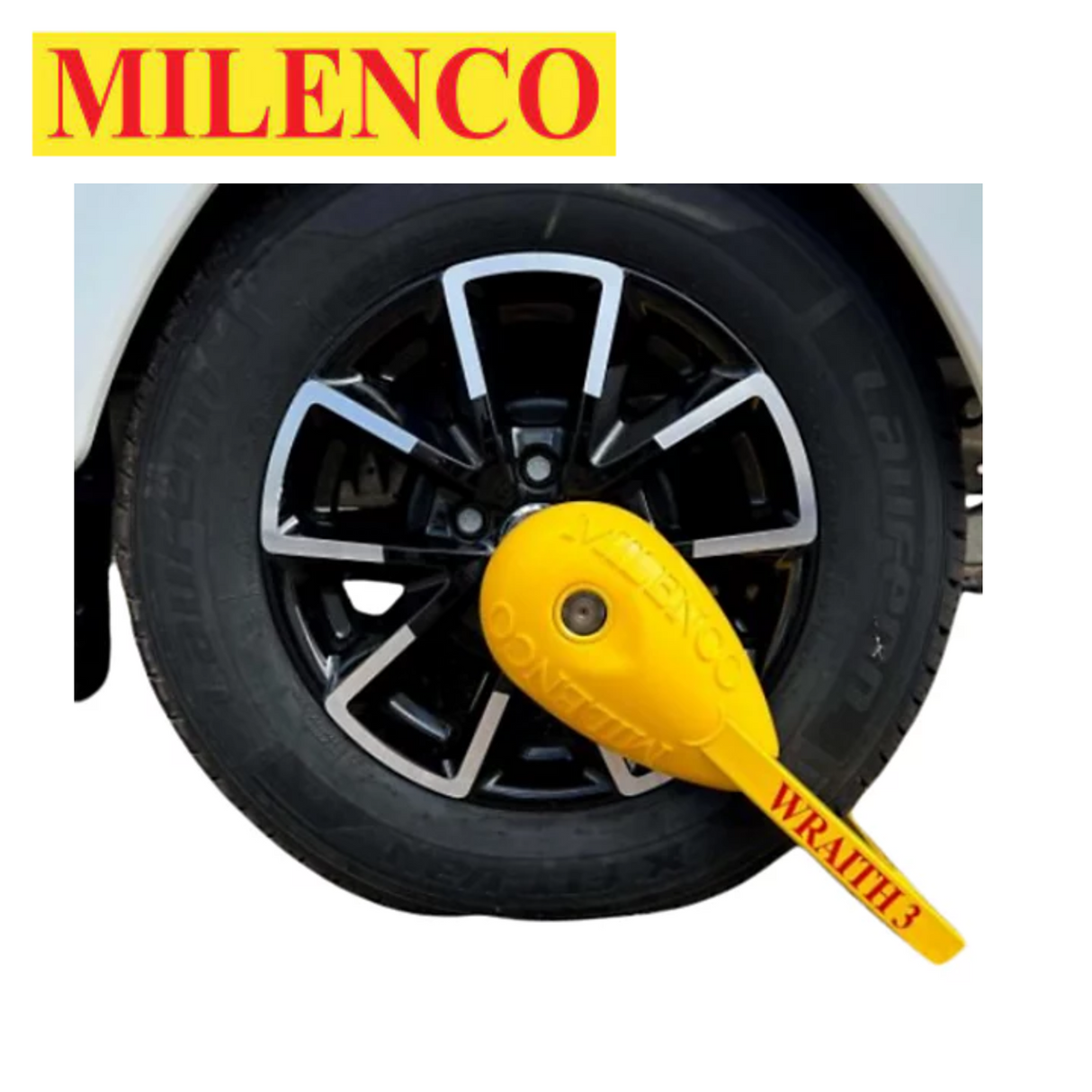 Milenco Wraith 3 Caravan Wheel Lock with a durable design securing a caravan wheel in a close-up view.