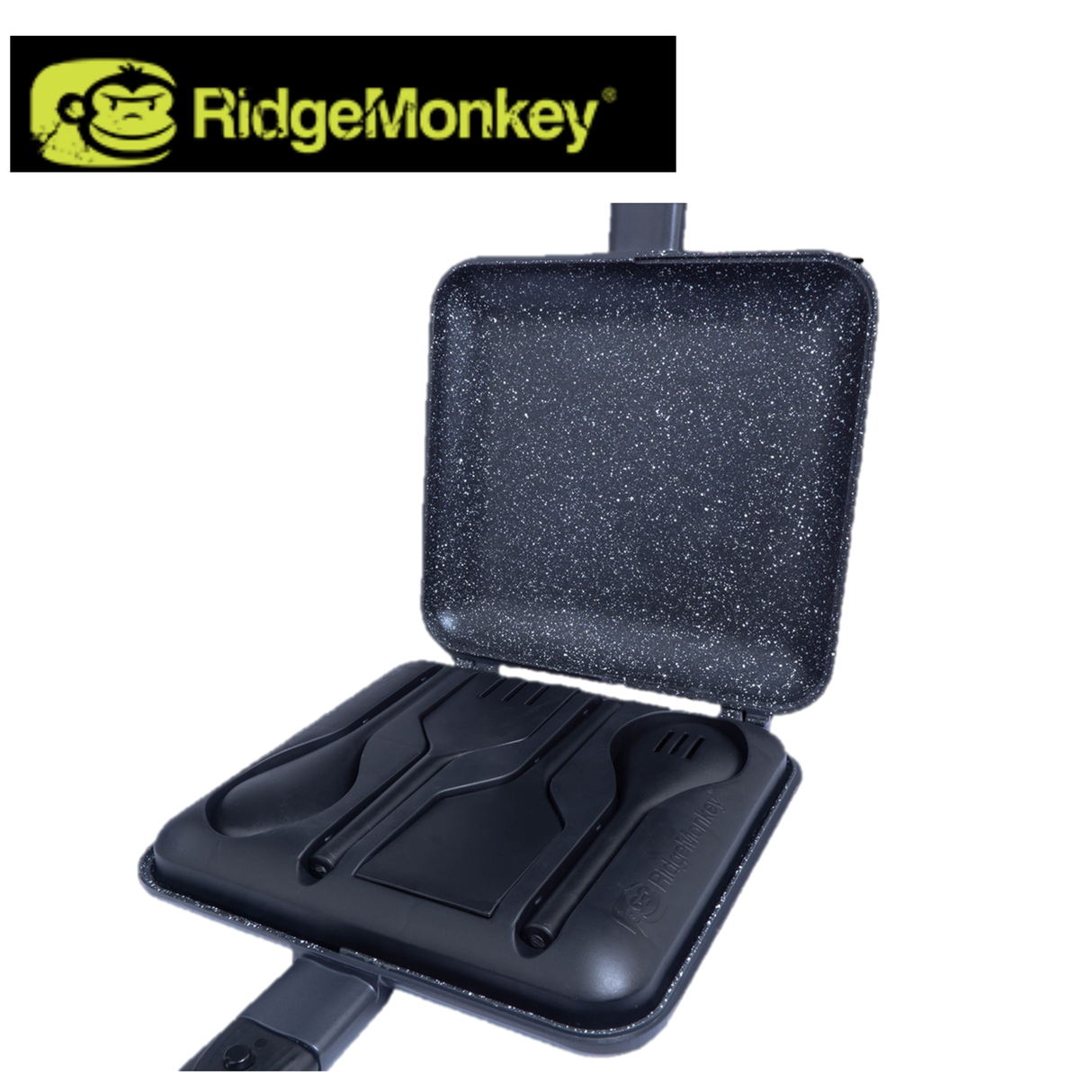 RidgeMonkey Connect XL Sandwich Toaster with granite non-stick surface, open to show toasted sandwich inside.