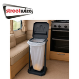 Streetwize Eco Bin Excel collapsible trash bin in black, showing its compact, foldable design for easy storage and transport.