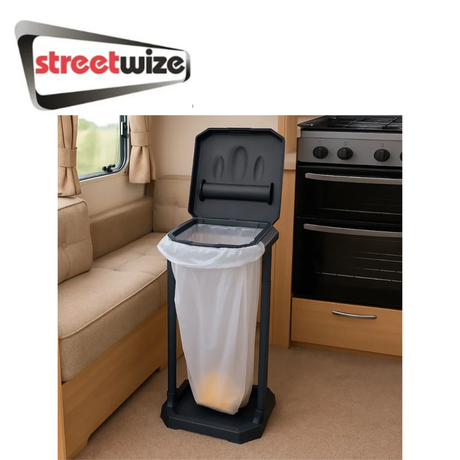 Streetwize Eco Bin Excel collapsible trash bin in black, showing its compact, foldable design for easy storage and transport.