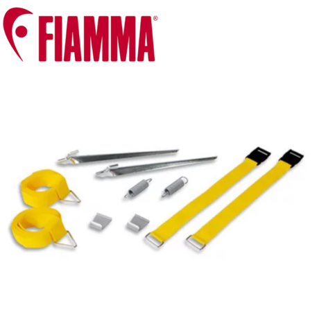 Fiamma Tie Down Kit S in yellow, durable tie-down straps with hooks for securing cargo or outdoor gear.