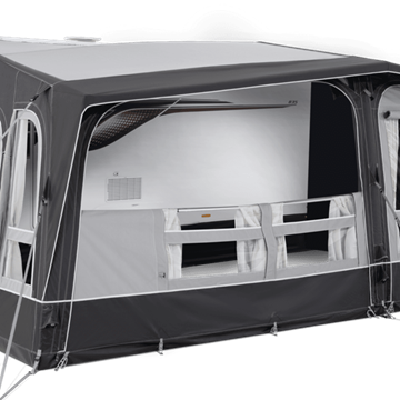 Dometic Residence Air All Season Awning with zip-out side feature, showcasing its setup and design in a camping environment.